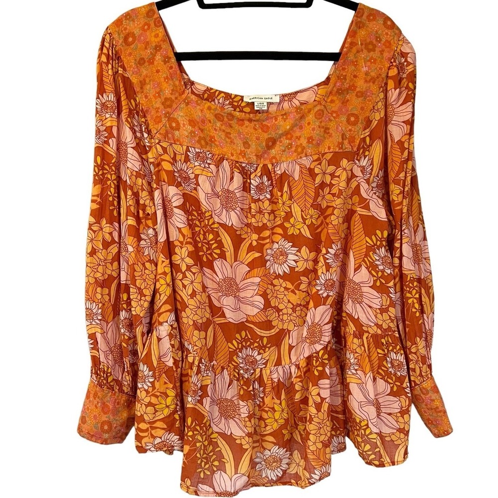 American Eagle Floral Orange Flowy Blouse Top L Boho Cottagecore Festival Hippie